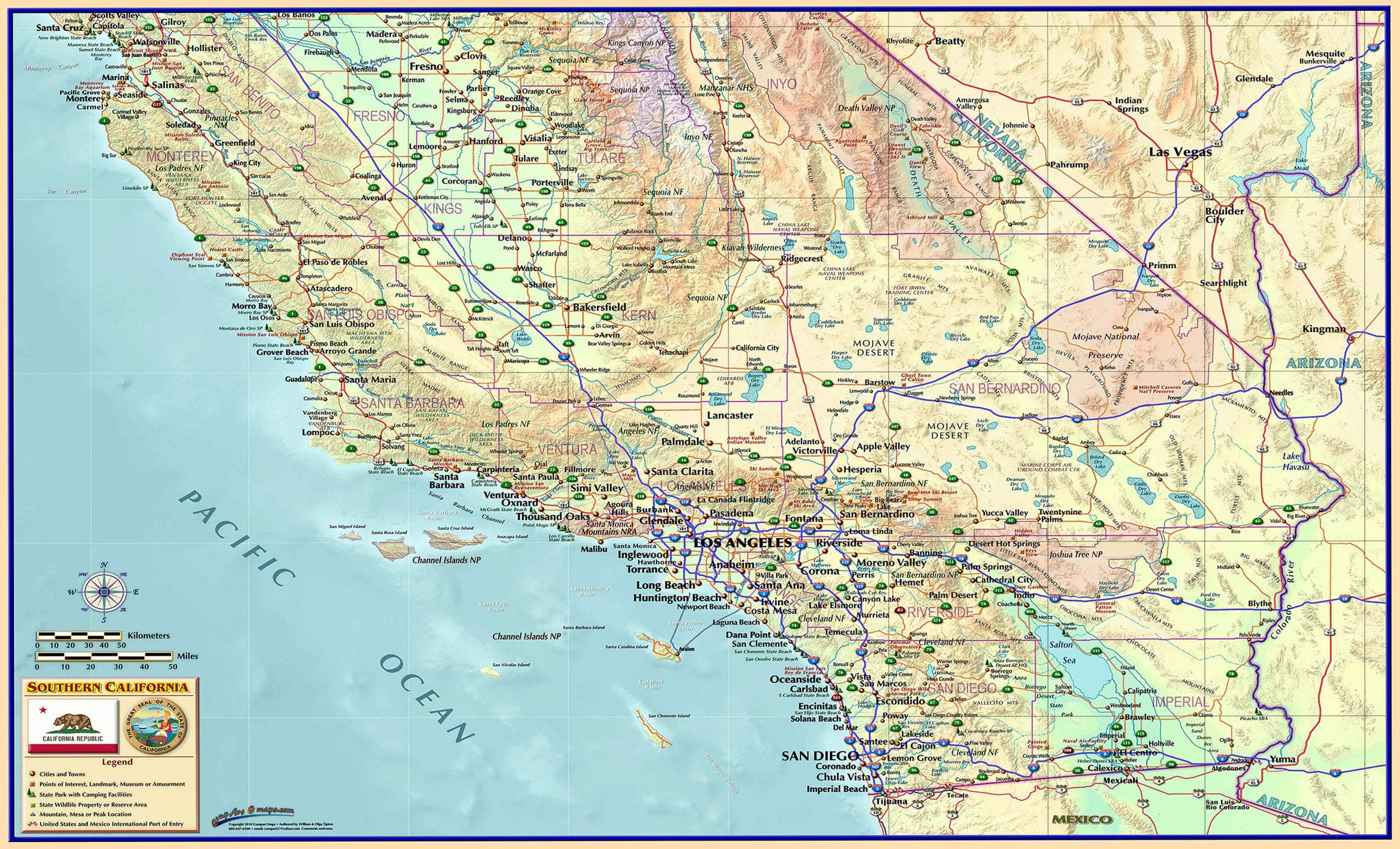 colorful southern california wall map | metro maps