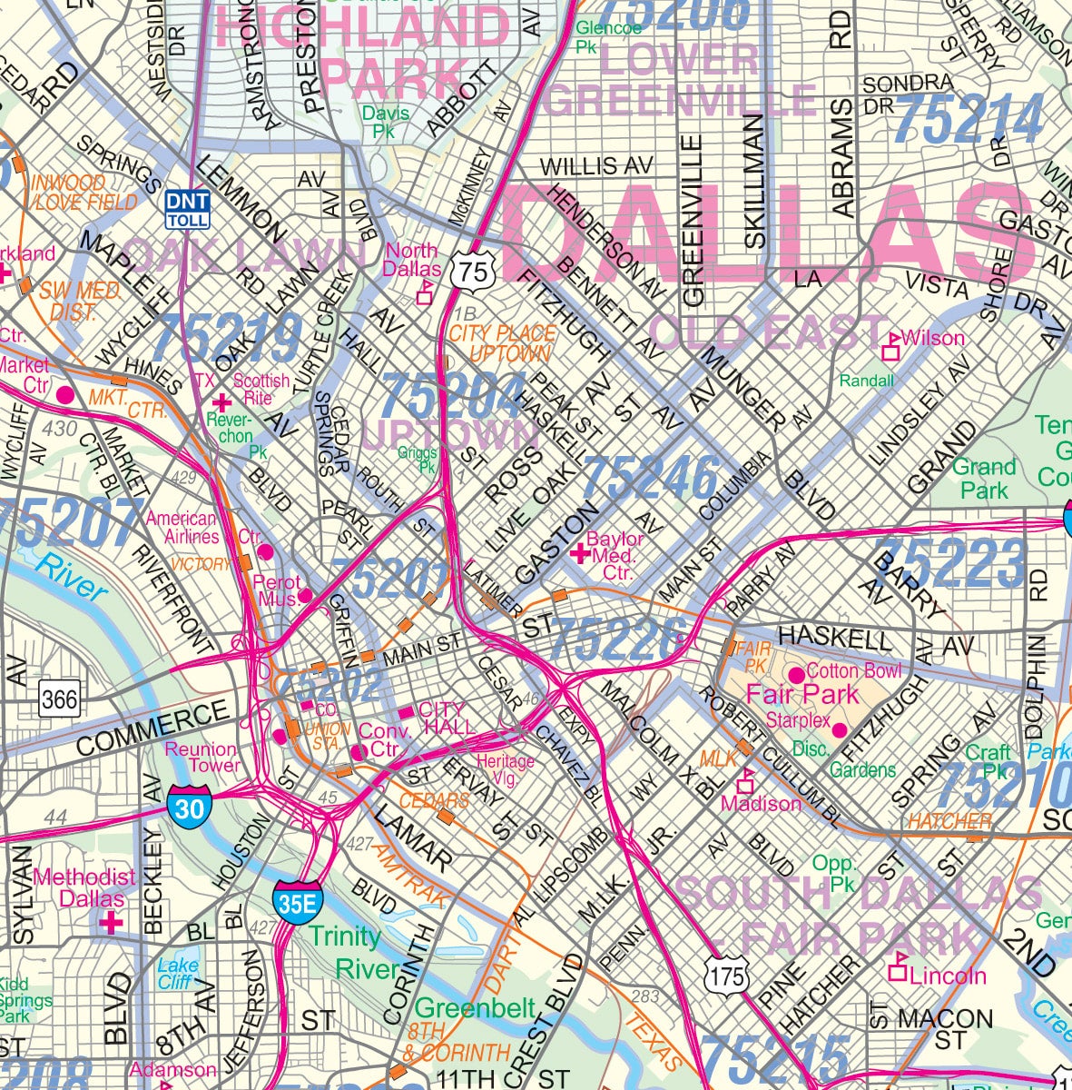 Dallas-Ft. Worth Metroplex Detailed Region Wall Map with Zip