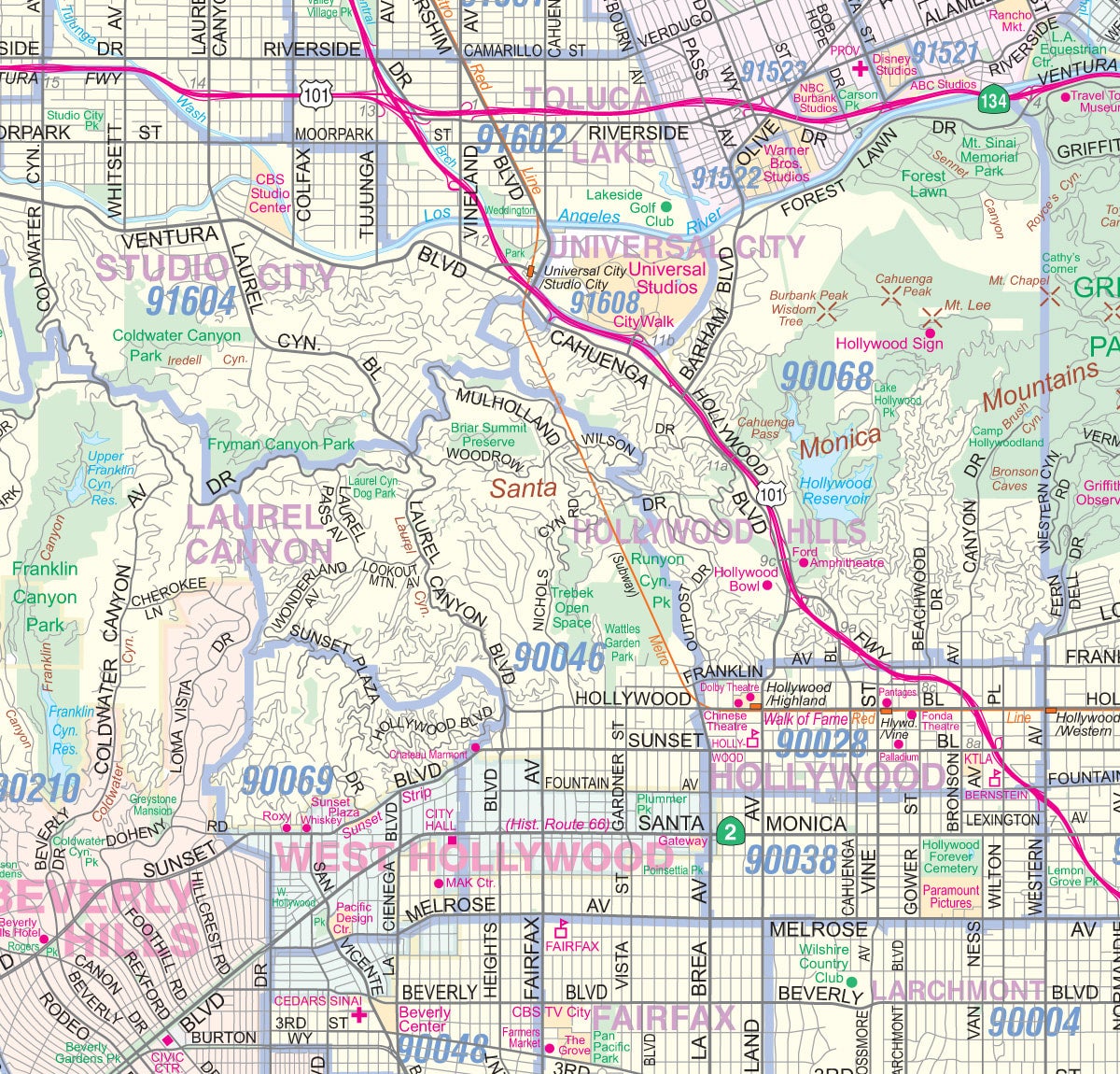 Greater Los Angeles Detailed Region Wall Map with Zip Codes | Metro Maps