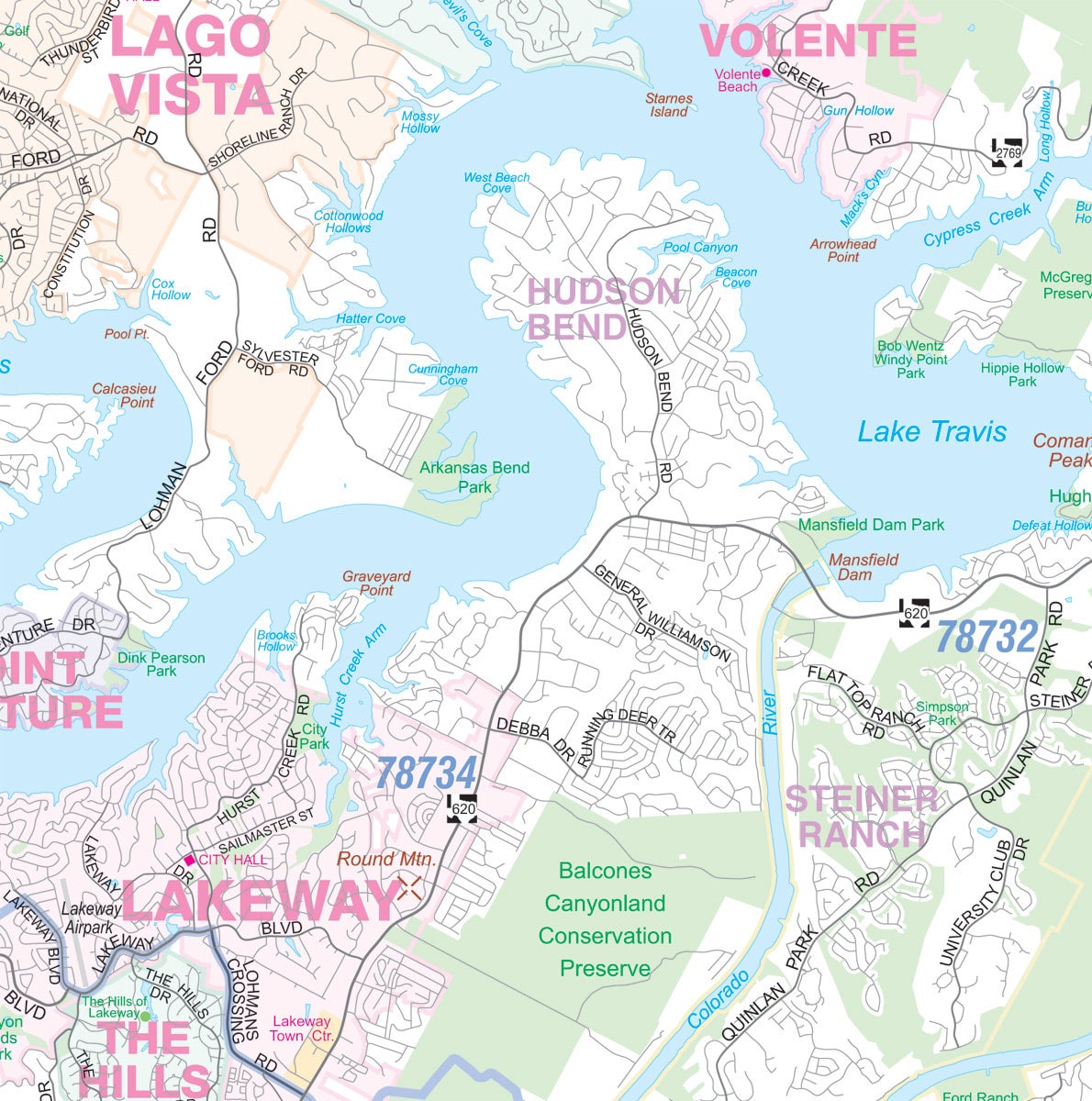 Greater Austin TX Detailed Region Wall Map w/Zip Codes