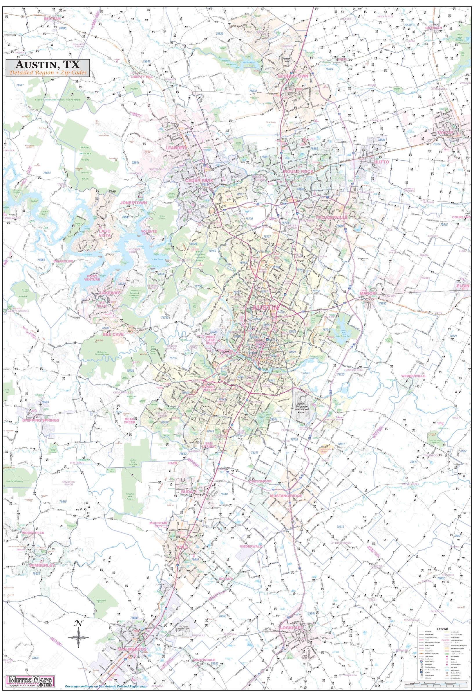 Greater Austin TX Detailed Region Wall Map w/Zip Codes