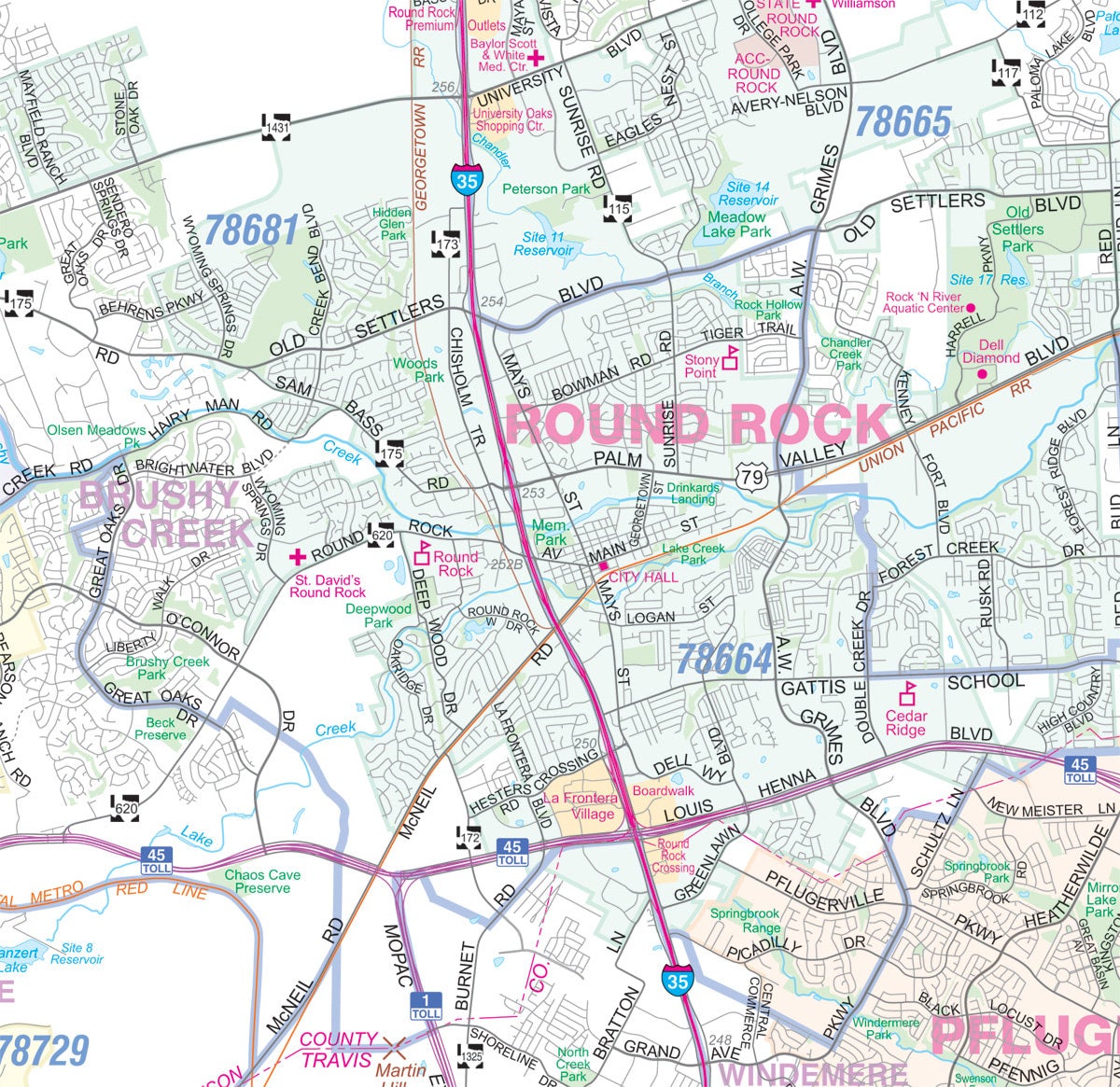 Greater Austin TX Detailed Region Wall Map w/Zip Codes