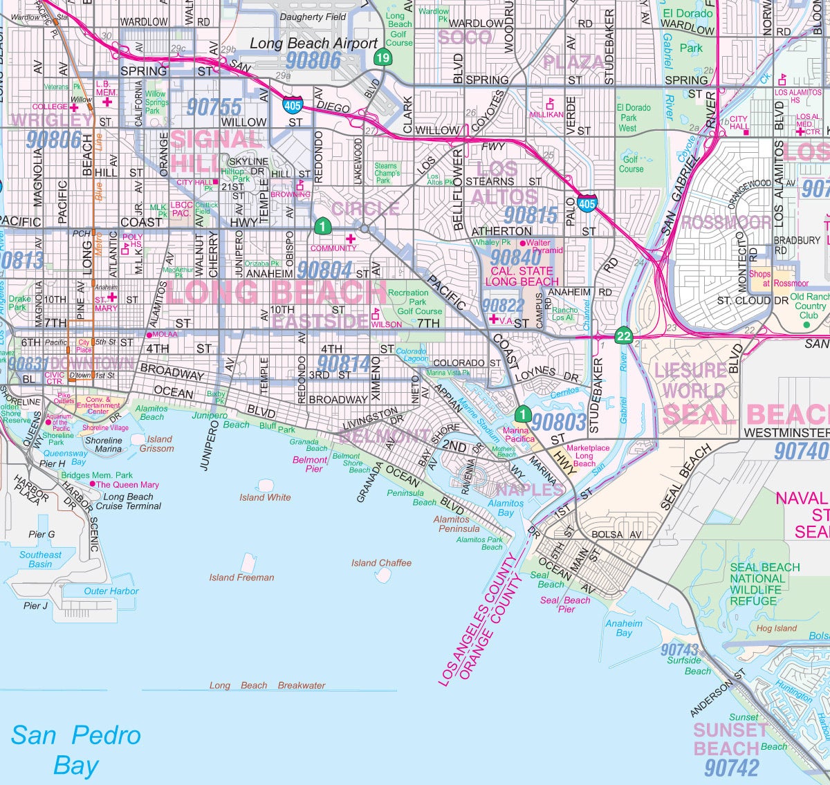Greater Los Angeles Detailed Region Wall Map with Zip Codes