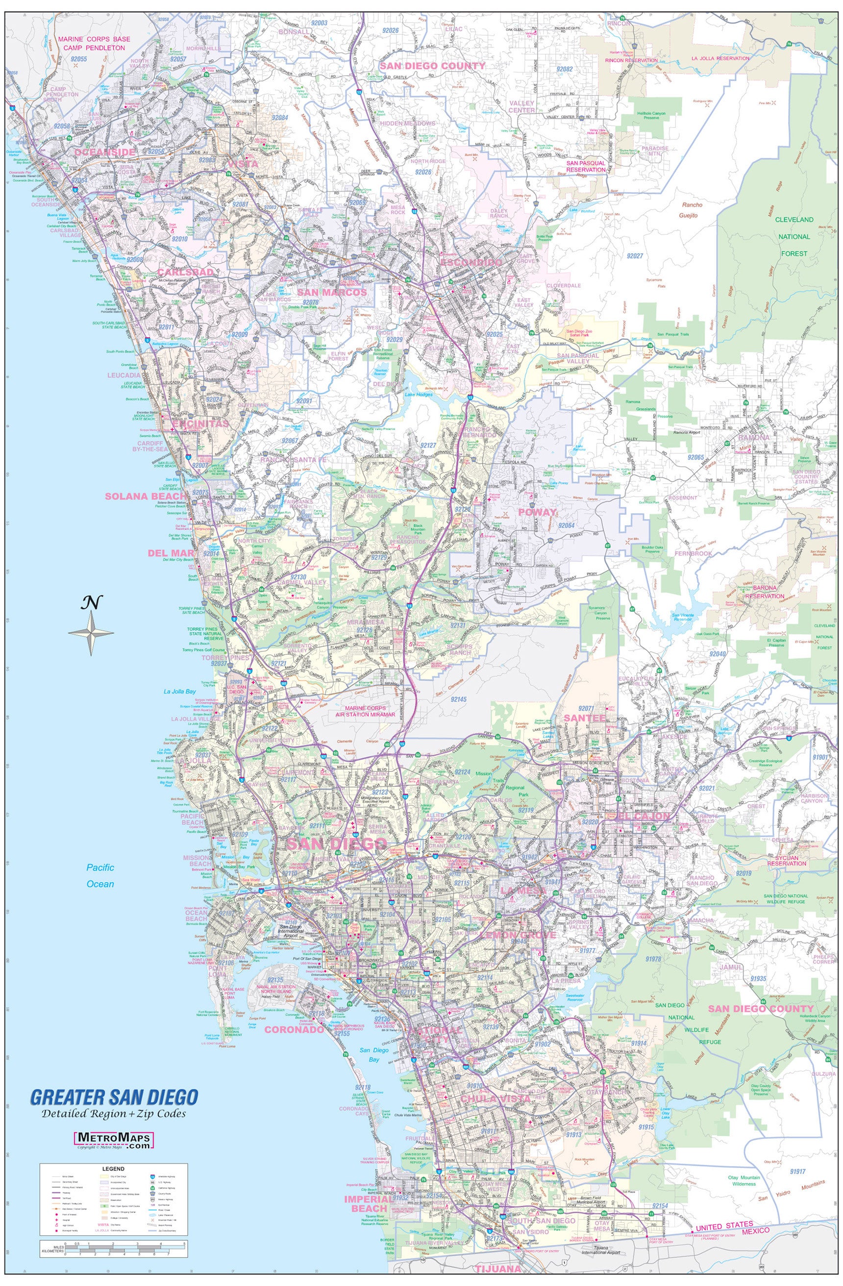 Greater San Diego, CA Detailed Region Wall Map w/Zip Codes